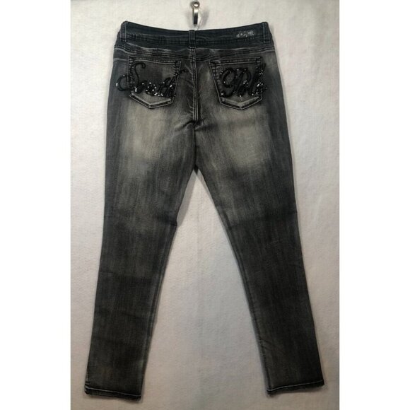 Vintage Southpole Distressed Black Jeans Bling Spell Out Logo Juniors Women's 13 - Picture 2 of 7